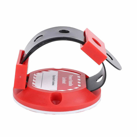 Side view of an Insulated Electrical Panel Lockout Handle with adhesive backing, red durable ABS, weather-resistant, preventing accidents.