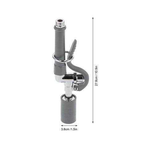 Commercial Sink Sprayer Kit With High Pressure Rinse and Rubber Nozzle, gray stainless steel, shown with dimensions 27cm x 3.8cm