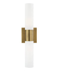 Aero ADA Bath Vanity Light Bar, 2 Light, Antique Brass Finish, Modern Tubular Opal Glass Diffusion mounted vertically.