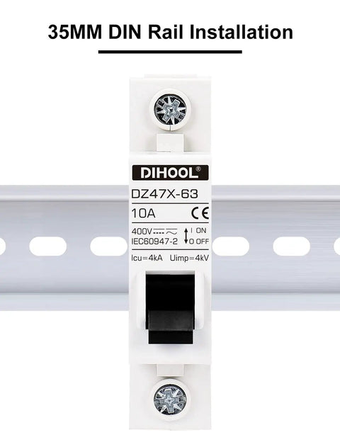 Heavy Duty AC DC Miniature Circuit Breakers 2 Pack Single Pole 10 Amp mounted on a 35mm DIN rail for solar disconnect.