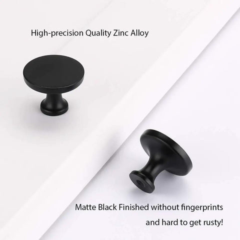 Top view of Ten Pack Matte Black Round Cabinet Knobs For Cabinets, Drawers, Cupboards, Solid Zinc Alloy, One And One Quarter Inch Diameter