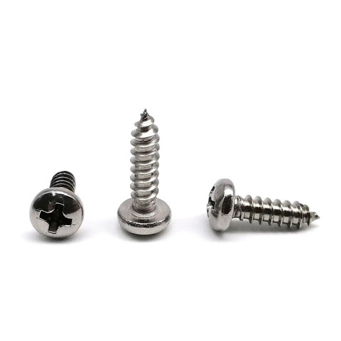 Micro 304 Stainless Steel Cross Drive Pan Head Self Tapping Screws Assorted M1 To M6 Set showing three screws on white background.
