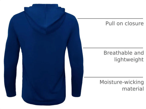 Back view of blue UPF Fifty Plus Long Sleeve Sun Protection Shirt With Hooded Rash Guard Five Pack for Outdoor Athletes