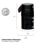 Two In One Pill Crusher And Cutter With Built In Storage Travel Ready Stainless Steel Blade Removable Drinking Cup BPA Free Black Safe And Easy Daily Use For Vitamins Tablets And Medications Grab And Go with dimensions shown