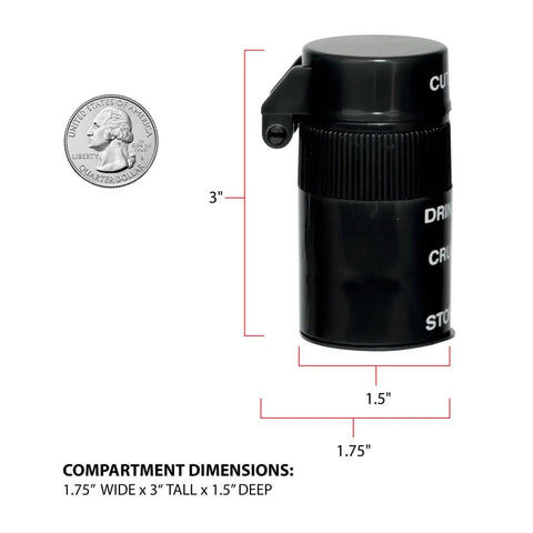 Two In One Pill Crusher And Cutter With Built In Storage Travel Ready Stainless Steel Blade Removable Drinking Cup BPA Free Black Safe And Easy Daily Use For Vitamins Tablets And Medications Grab And Go with dimensions shown
