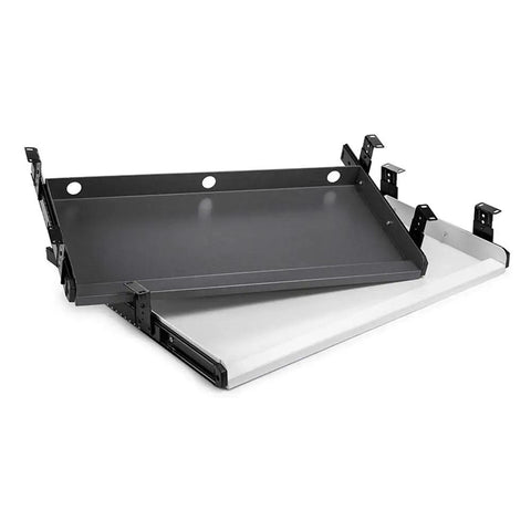 Heavy Duty Under Desk Keyboard Tray Rolling Butter Smooth Ball Bearing Slides And Comfy Wrist Rest Keeps Your Clean Setup Super Organized Gray Finish, showcasing gray and white slide-out trays.