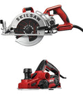 Professional 15 Amp 7 1/4 Inch Worm Drive Circular Saw Featuring Rock Solid Magnesium Construction Paired With A Beast Mode 6.5 Amp Corded Planer for cutting and planing lumber.