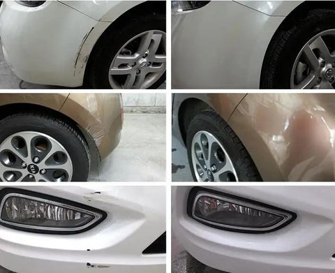 Complete Car Scratch Remover Kit And Auto Paint Restoration Compound For Quick Surface Scratch Fix and swirl mark repair on any vehicle with no sweat application showing before and after vehicle scratch repair.