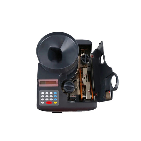 No Sweat Electronic Coin Counter Machine With Rapid Sorter And Heavy Duty Wrapper top view with digital display and control panel.