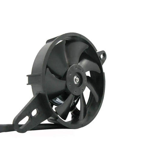 Gotta Have This Universal 4 Inch Electric Cooling Fan For Motorcycle Radiator And Oil Cooler Slaps Right On Any Dirt Bike Motocross Or ATV To Keep Her Chillin And Boost Horsepower, showing the fan from a side angle.