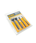 Pro Grade Forstner Drill Bit Set Knocking Out Clean Holes Like Butter With Zero Tear Out, 4-piece set in packaging, industrial steel.