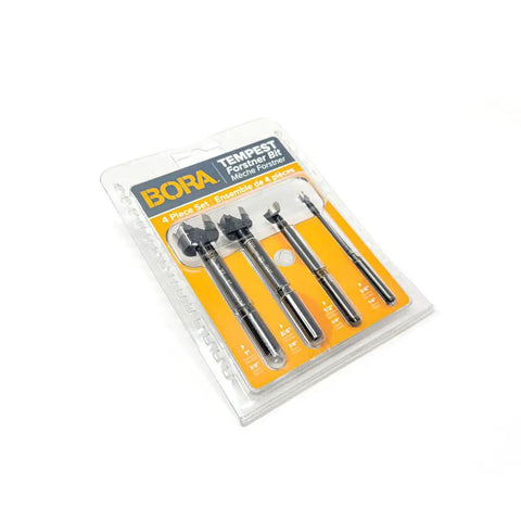 Pro Grade Forstner Drill Bit Set Knocking Out Clean Holes Like Butter With Zero Tear Out, 4-piece set in packaging, industrial steel.