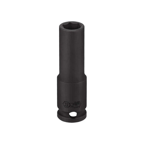 Heavy Duty 3/8 Inch Drive 10mm Deep Impact Socket With Tough As Nails Chrome Moly Steel and Snug Six Point Metric Head For Pneumatic Or Electric Impact Wrenches Built Like A Tank with black phosphate finish.