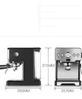 Electric Coffee Machine Milk Frother And Cappuccino Maker With Removable Tank Stainless Steel Safety Valve Easy Drip Tray Smart Panel dimensions side and front views