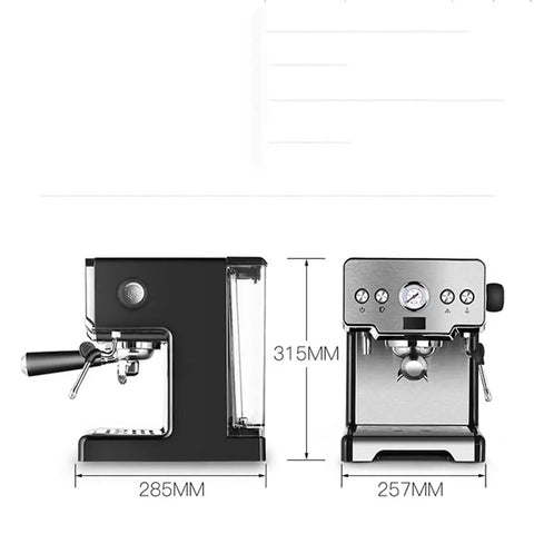 Electric Coffee Machine Milk Frother And Cappuccino Maker With Removable Tank Stainless Steel Safety Valve Easy Drip Tray Smart Panel dimensions side and front views