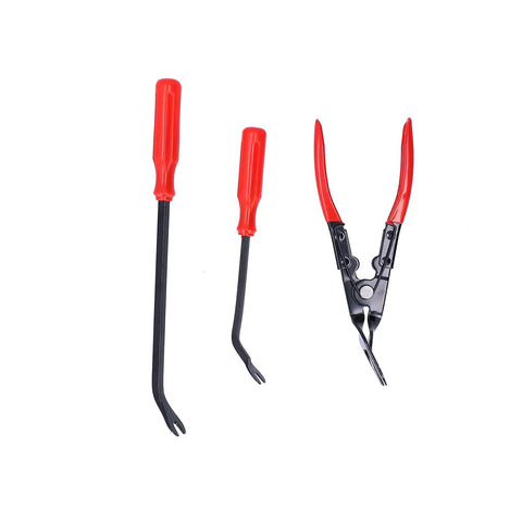 38 Piece Removal Tool Set For Panel Disassembly And Trim Clips Ergonomic Pry Tools showcasing red-handled pliers and pry bars