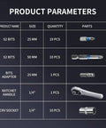 Heavy Duty 41 Tool Set With Mini Ratchet Featuring S2 Bits And CrV Sockets For Tight Spots, Perfect Swap Meets and Home Repair Jobs You Gotta Get Done Fast Without The Hassle. product parameters chart with 25mm and 50mm bits, 1/4" ratchet, CrV socket