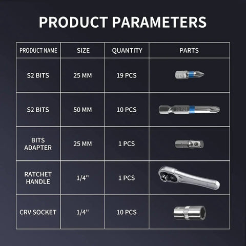Heavy Duty 41 Tool Set With Mini Ratchet Featuring S2 Bits And CrV Sockets For Tight Spots, Perfect Swap Meets and Home Repair Jobs You Gotta Get Done Fast Without The Hassle. product parameters chart with 25mm and 50mm bits, 1/4" ratchet, CrV socket