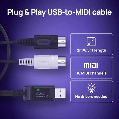 Plug and play U2MIDI Pro USB MIDI Interface Cable with a 6.5ft length, auto device detection, and no drivers needed details shown.