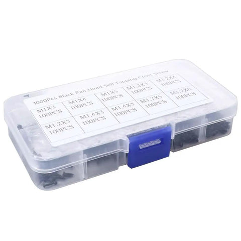 Heavy Duty Micro Self Tapping Screws Pan Head Carbon Steel Black Finish 1000 Pack for Laptop and Tech Repair assorted sizes in clear box.