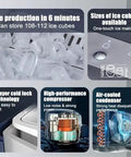 Badass Countertop Ice Maker Generates 26 Lbs Bullet Ice Fast with Self Cleaning Tech and 1.5L Tank highlighted features like ice production and sizes.
