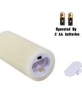 Bottom view of a realistic wax ivory candle from the Nine Piece Flameless LED Wax Pillar Candles Set With Remote Timers, showing battery compartment.