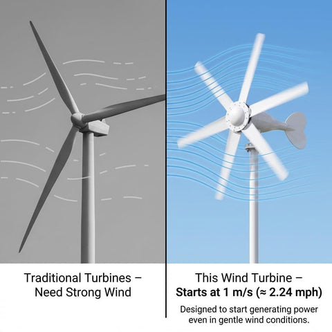 Comparison of traditional turbine and 800W Horizontal Wind Turbine Generator With 12V 24V Output, 6 Nylon Blades, installed outdoors