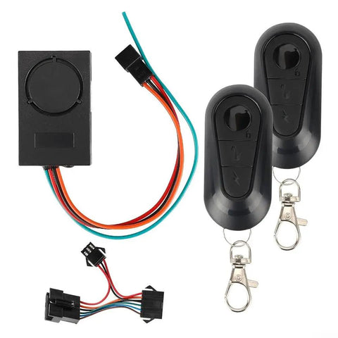 Kick The Theft Away With This Banger E Bike Alarm For 36 To 72 Volts Scooters Featuring Loud Dual Switch Security And Serious Anti Theft Protection To Keep Your Ride Safe And Sound While You Chill Out. black e-bike alarm module with dual remotes and wiring