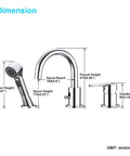 Dimensions of Three Hole Widespread Bathroom Faucet with Pull Out Shower Head, Chrome Diverter Faucet for Bathtub and Sink