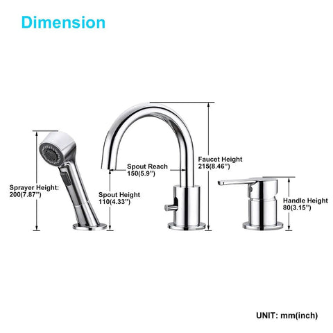 Dimensions of Three Hole Widespread Bathroom Faucet with Pull Out Shower Head, Chrome Diverter Faucet for Bathtub and Sink