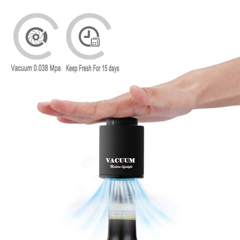 Two Pack Real Vacuum Wine Stoppers Keep Wine Fresh Longer in use on wine bottle, black color, showing vacuum effect.