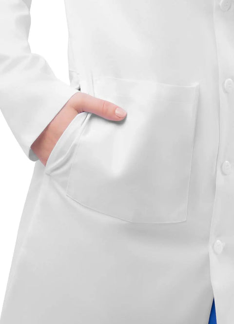 Close-up of pocket on Straight Up Crisp White Lab Coat For Nurses And Docs Featuring Hella Comfortable Tagless Fit.