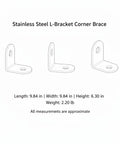 Diagram of heavy gauge stainless steel L bracket for furniture and shelving reinforcement, right angle corner brace measurements