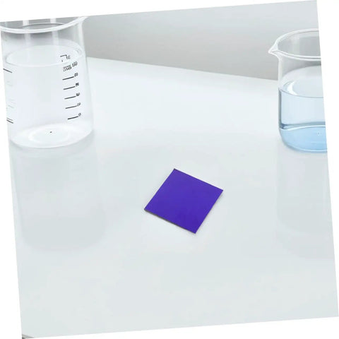 Must Have Set Of 2 Cobalt Glass Sheets 5x5cm for Chemistry Flame Color Reaction Tests on lab bench with beakers