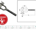No Nonsense 1 1/2 Inch Stainless Steel Turnbuckle Jaw Style Drop Forged Right Hand Thread 17000 Lb Working Capacity with dimensions and forged logo.