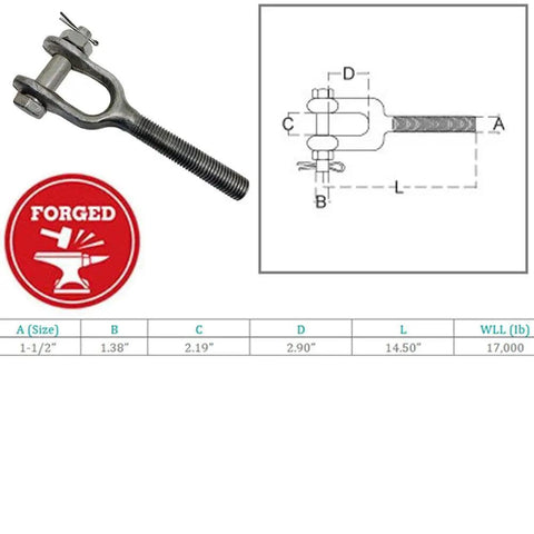No Nonsense 1 1/2 Inch Stainless Steel Turnbuckle Jaw Style Drop Forged Right Hand Thread 17000 Lb Working Capacity with dimensions and forged logo.