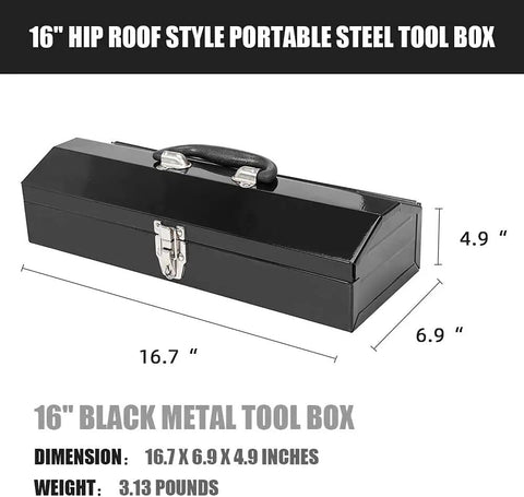 Rugged Hip Roof Portable Steel Tool Box With Metal Latch Closure, 16.7 Inch L X 6.9 Inch W X 4.9 Inch H, Black Finish, Easy Carry Handle
