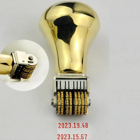 Slick Retro Roller Date Stamp Copper Calendar Marker showcasing ten wheel numeric coder for serial numbering on products.