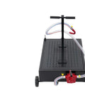 Heavy Duty 17 Gallon Oil Drain Pan With Manual Pump And 7.2 Foot Hose U Shaped Spout shown from rear with foldable T handle