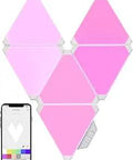 Smart Gaming Room Decor Triangle LED Wall Panels With 6 Connection Slots For Music Sync And Alexa Google Control Dope RGB Mood Lights Set Of 6 Pieces displayed on wall, pink color, next to smartphone control app