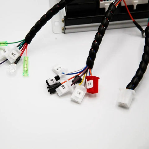 Close-up of wiring and connectors on Beefy 48V 72V Ebike Controller 1200W Brushless Motor Driver With Sine Wave for electric bikes.