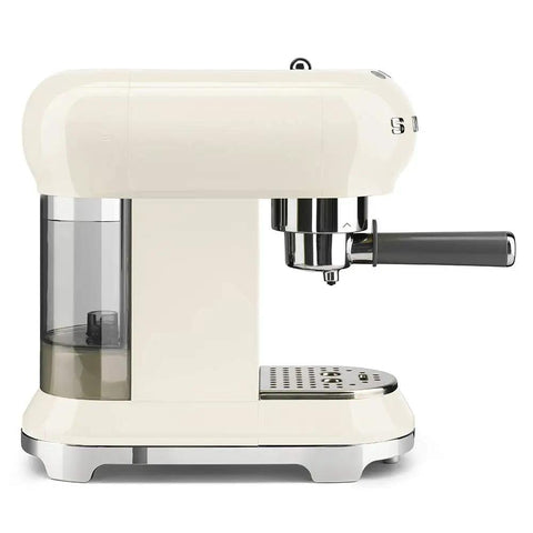 Cream Espresso Coffee Machine Featuring A Fast Single Thermoblock System That Heats Up Quick For Solid Shots Plus A Steam Wand For Lattes side view on a countertop.