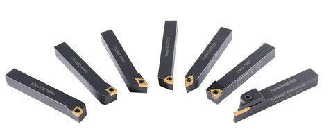 Five Eighths Inch Shank 7 Piece Indexable Turning Tool Set With Extra Inserts TiN Coated C6 Carbide For Steel includes inserts.