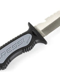 Grip Spear Knife 6.8 Inch Black for Spearfishing and Underwater Hunting with stainless blade and ergonomic handle showing blade detail.