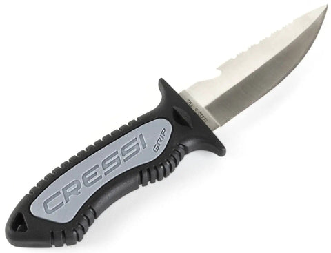 Grip Spear Knife 6.8 Inch Black for Spearfishing and Underwater Hunting with stainless blade and ergonomic handle showing blade detail.