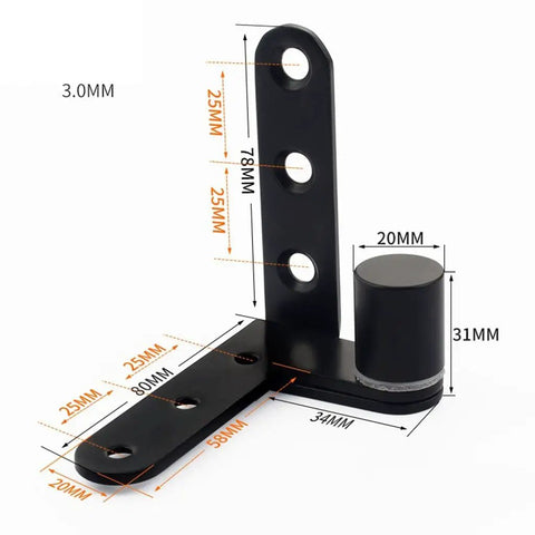 Heavy Duty 270 Degree Stainless Steel Invisible Door Hinge Set with measurements for doors and cabinets, hidden pivot, black finish