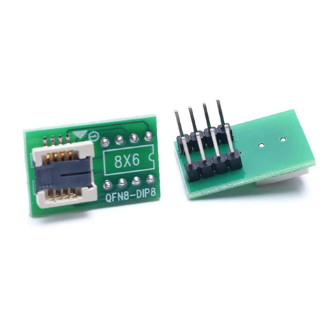 DFN8 WSON8 MLF8 MLP8 QFN8 to DIP8 Socket Adapter for IC Chips shown in green with pin connectors, 8x6mm size