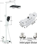 RIBEUJIZS Digital Shower System, White Digital Display Shower System Set dimensions and design details with faucet and shower head.