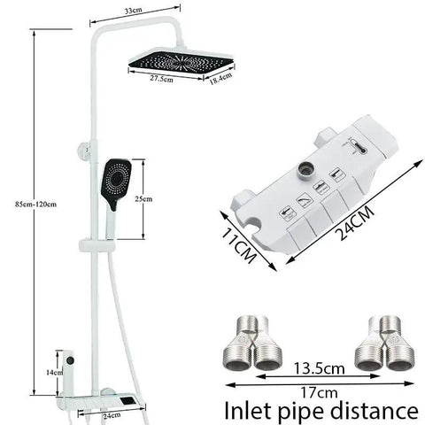 RIBEUJIZS Digital Shower System, White Digital Display Shower System Set dimensions and design details with faucet and shower head.