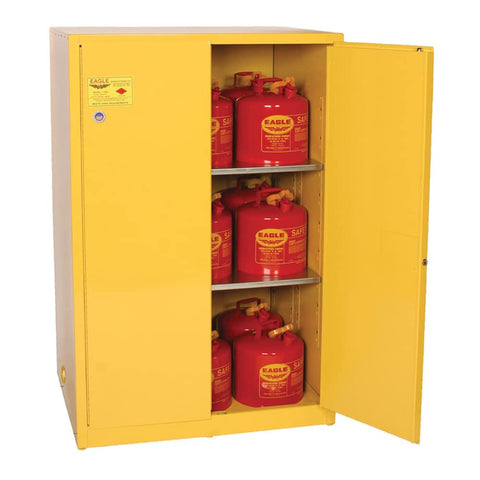 Built Different 90 Gallon Flammable Liquid Safety Cabinet Double Wall Design Two Manual Close Doors Secure Industrial Chemical Storage with gas cans